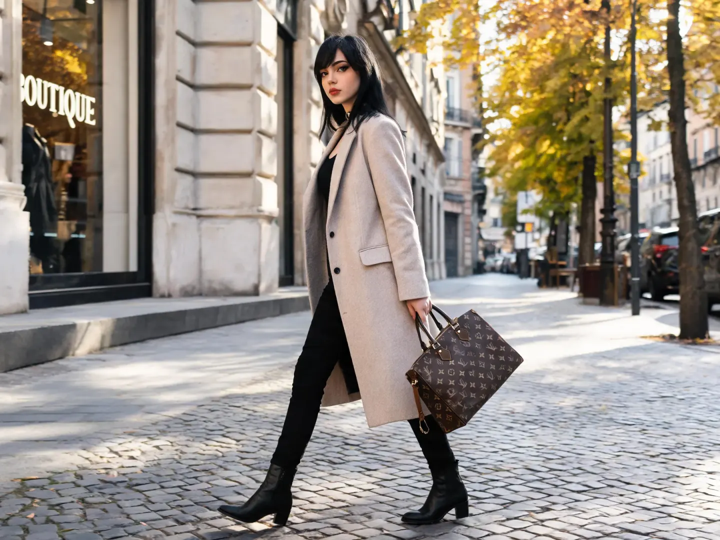 Mannequin portant un manteau beige dans une rue bordée d’arbres