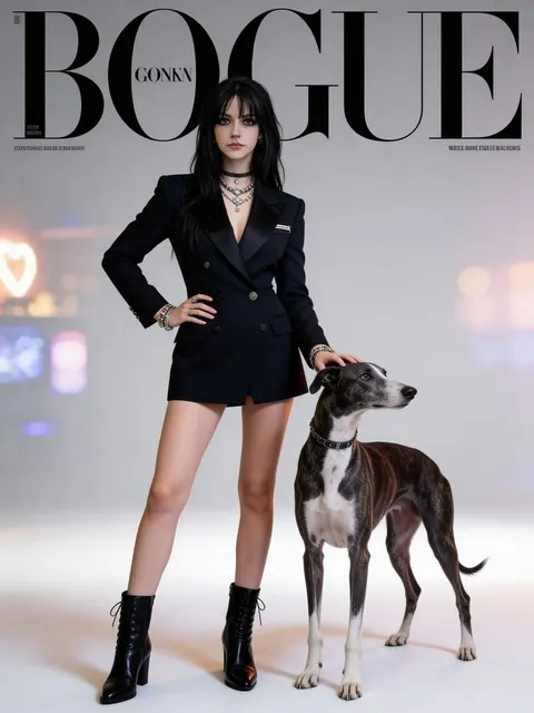 Fashion model in black suit posing with a greyhound dog