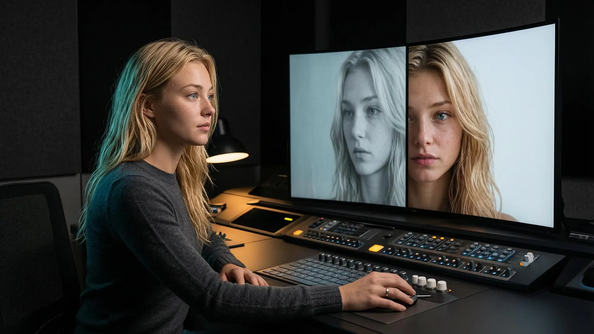 Film editor comparing grainy source footage with a restrained AI-enhanced result