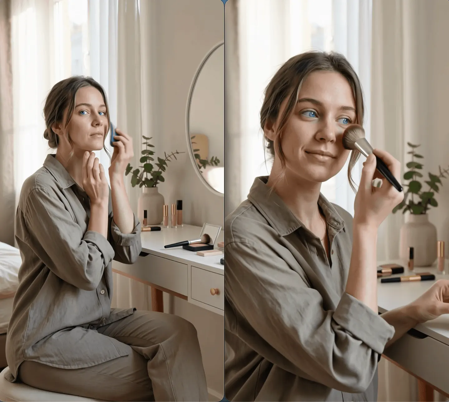 Vidéo IA finale montrant un avatar beauté en train de se maquiller devant une coiffeuse.