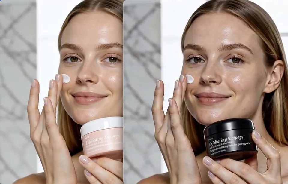 Final colour correction preview with a matte black skincare jar