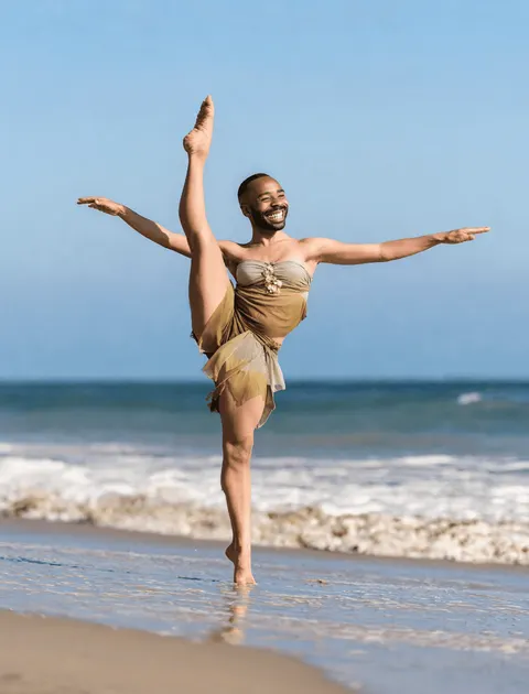 Résultat final de l'échange de visages de l'éditeur de photos IA montrant l'image réaliste d'un danseur après le remplacement du portrait de référence, avec l'option de régénérer pour de meilleurs résultats.