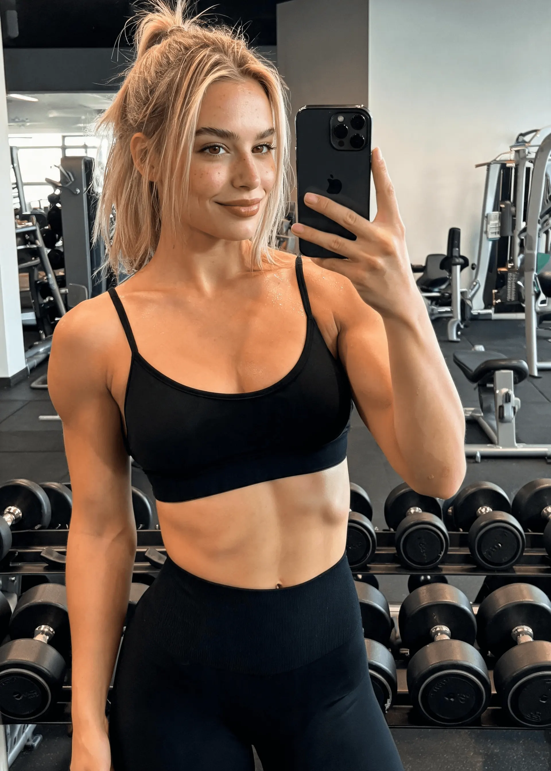Influenceur fitness prenant un selfie miroir dans une salle de musculation