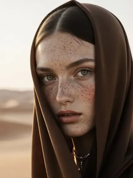 Sommersprossiger KI-Influencer in braunem Kapuzenschal bei Sonnenuntergang