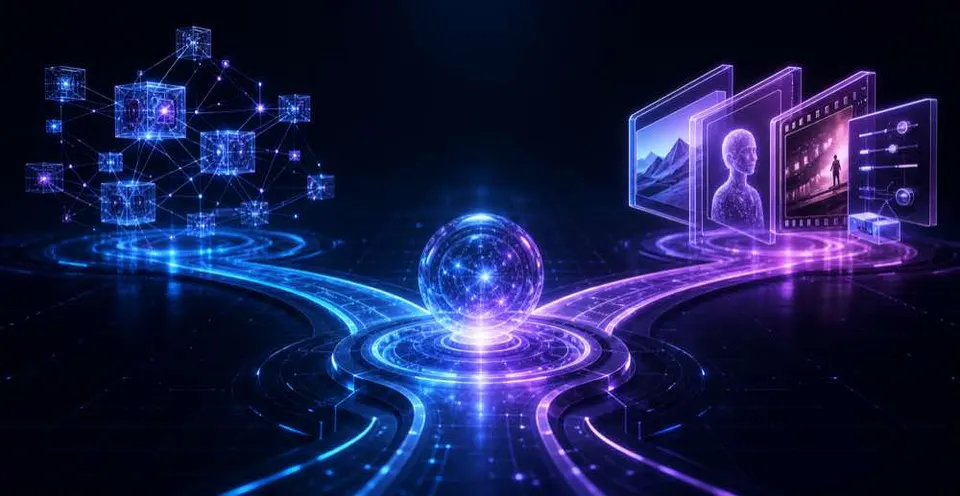Hub de décision futuriste comparant un chemin de modèle multimodal complexe à un flux de travail simplifié pour un créateur d’IA.