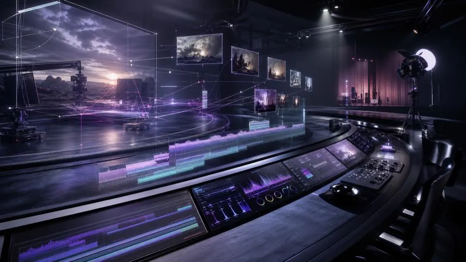 Studio de production vidéo IA futuriste avec trajectoires de caméra, aperçus de scènes et chronologies d'édition pour l'alternative APOB AI Sora 2 Pro.