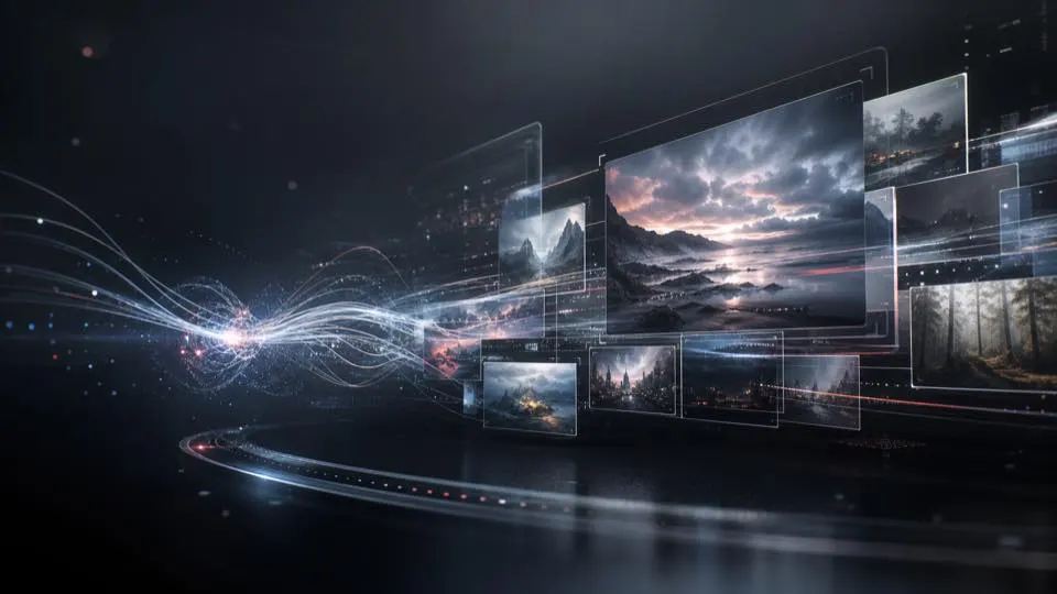 Scène de génération vidéo IA futuriste avec des images cinématographiques lumineuses et des traînées de lumière neuronale pour l'alternative APOB AI Sora 2 Pro.