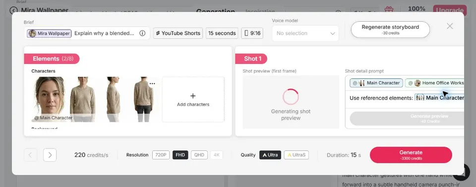 Generated four-shot AI explainer video storyboard in the APOB AI editor