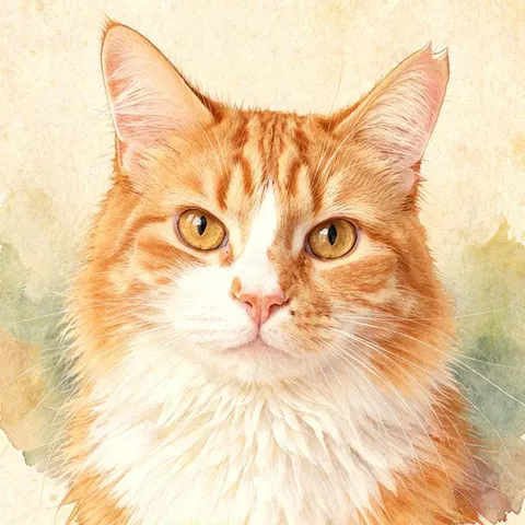 Generated resultado de gato aquarela para verificar marcas laranja e brancas, orelhas eretas, olhos âmbar dourados e focinho