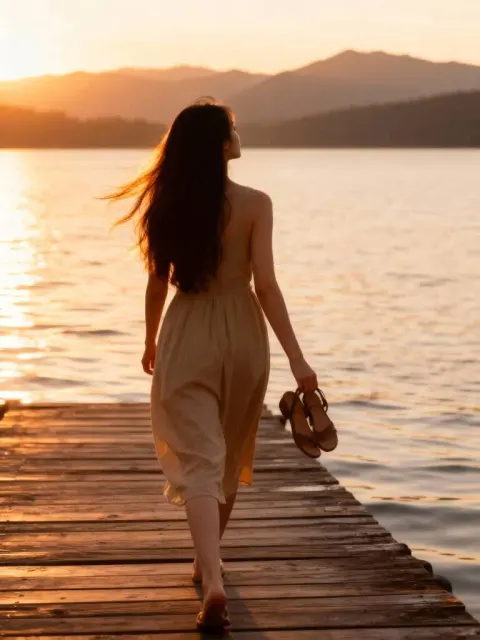 Asiatisches Mädchen, das am See im Sonnenuntergang spazieren geht, goldener Schimmer, Luma AI Dream Machine-Video.