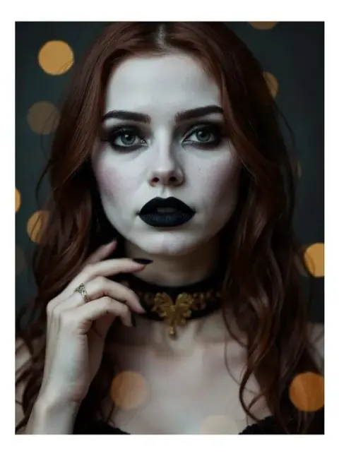 Goth-KI-Mädchen mit schwarzen Lippen und kunstvollem goldenem Halsband