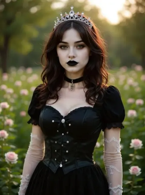 Goth-KI-Mädchen mit blasser Haut und juwelenbesetztem Korsett im Rosengarten