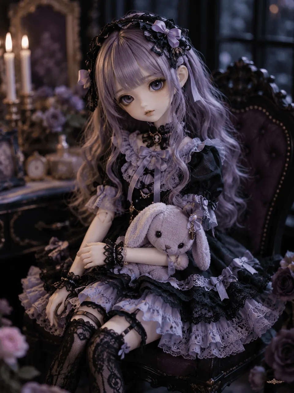 Gothic purple-haired ball-jointed doll created with a free AI doll generator