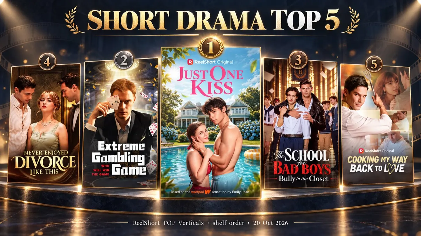 GPT-composited ReelShort TOP Verticals poster collage in shelf order on 20 October 2026, with No. 1 Just One Kiss enlarged at the center.