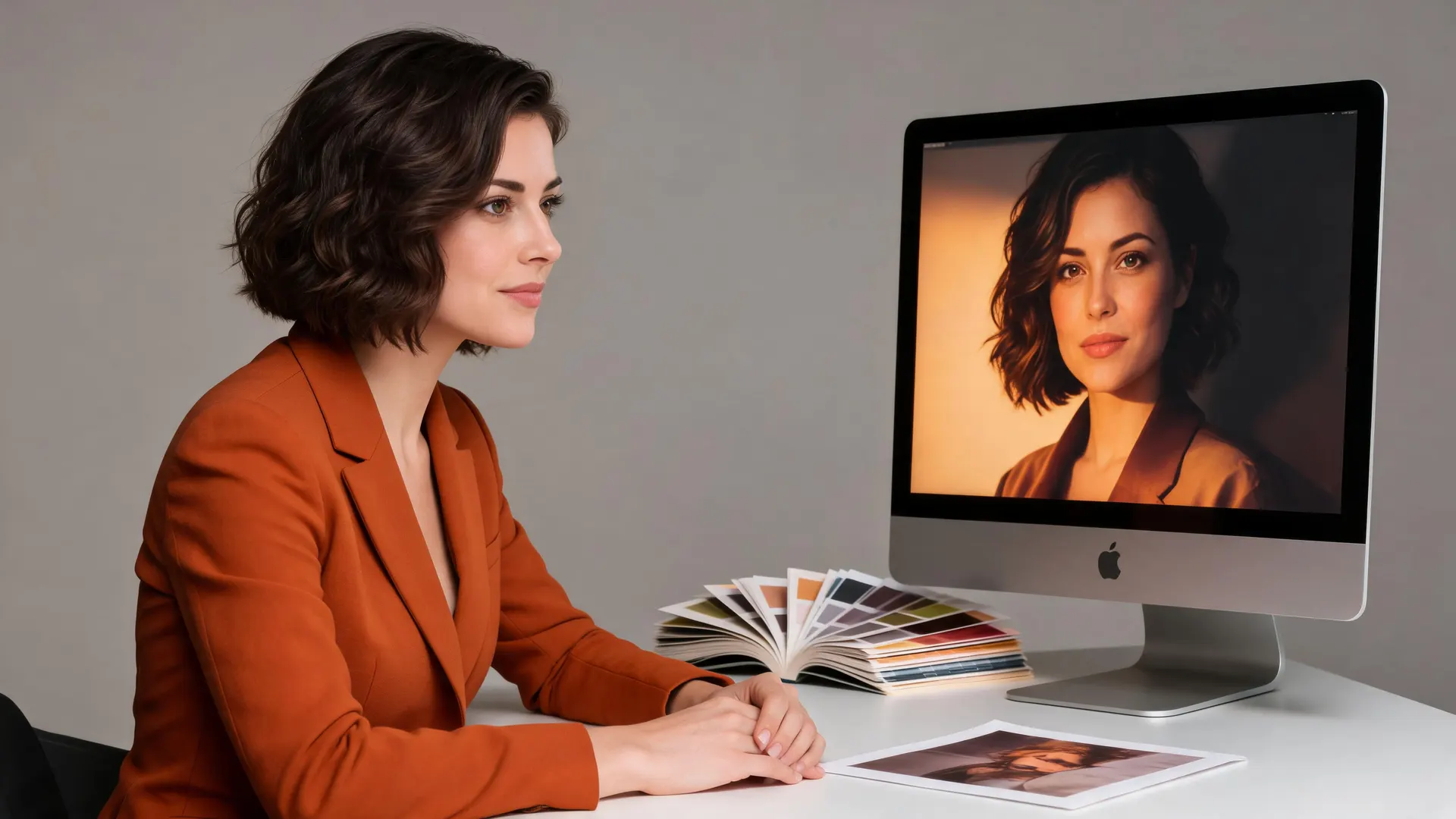 Illustration of a creator comparing a portrait on screen with color swatches and a paper print proof