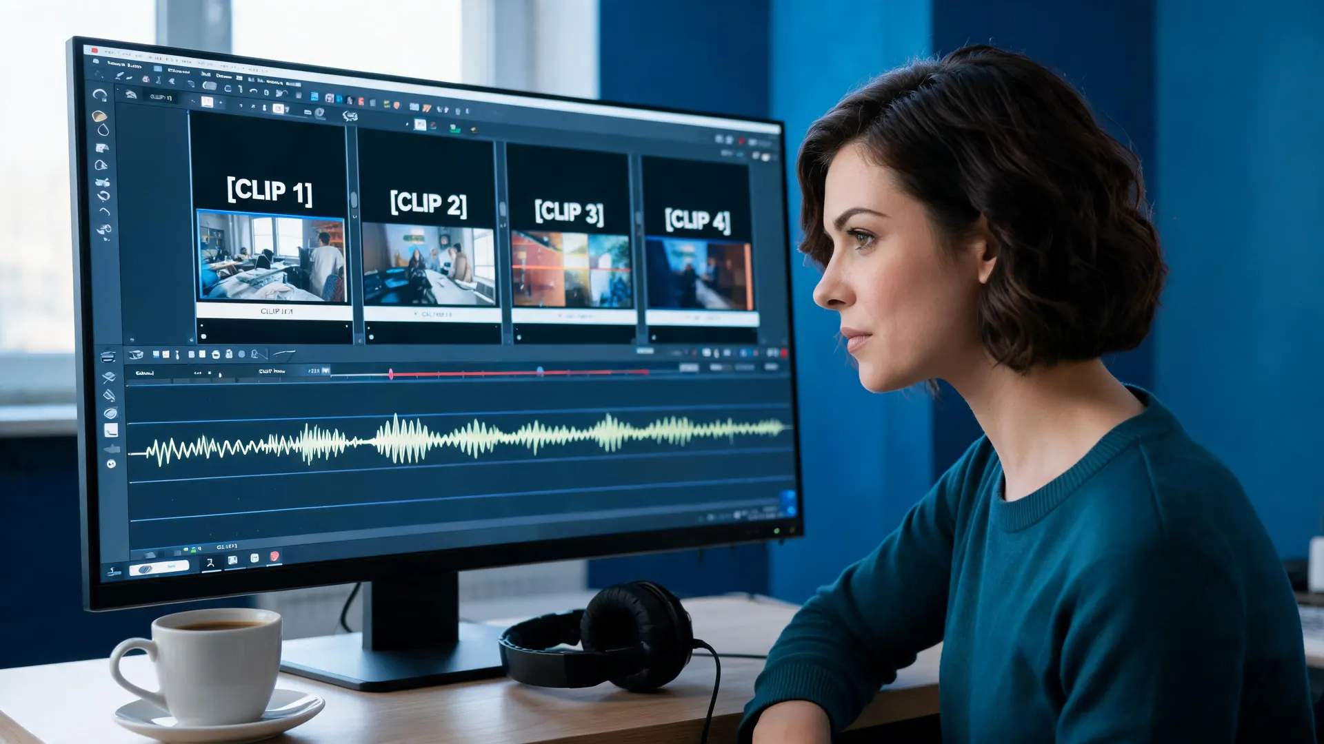 Illustration of a video editor reviewing clips and an audio waveform on a studio monitor