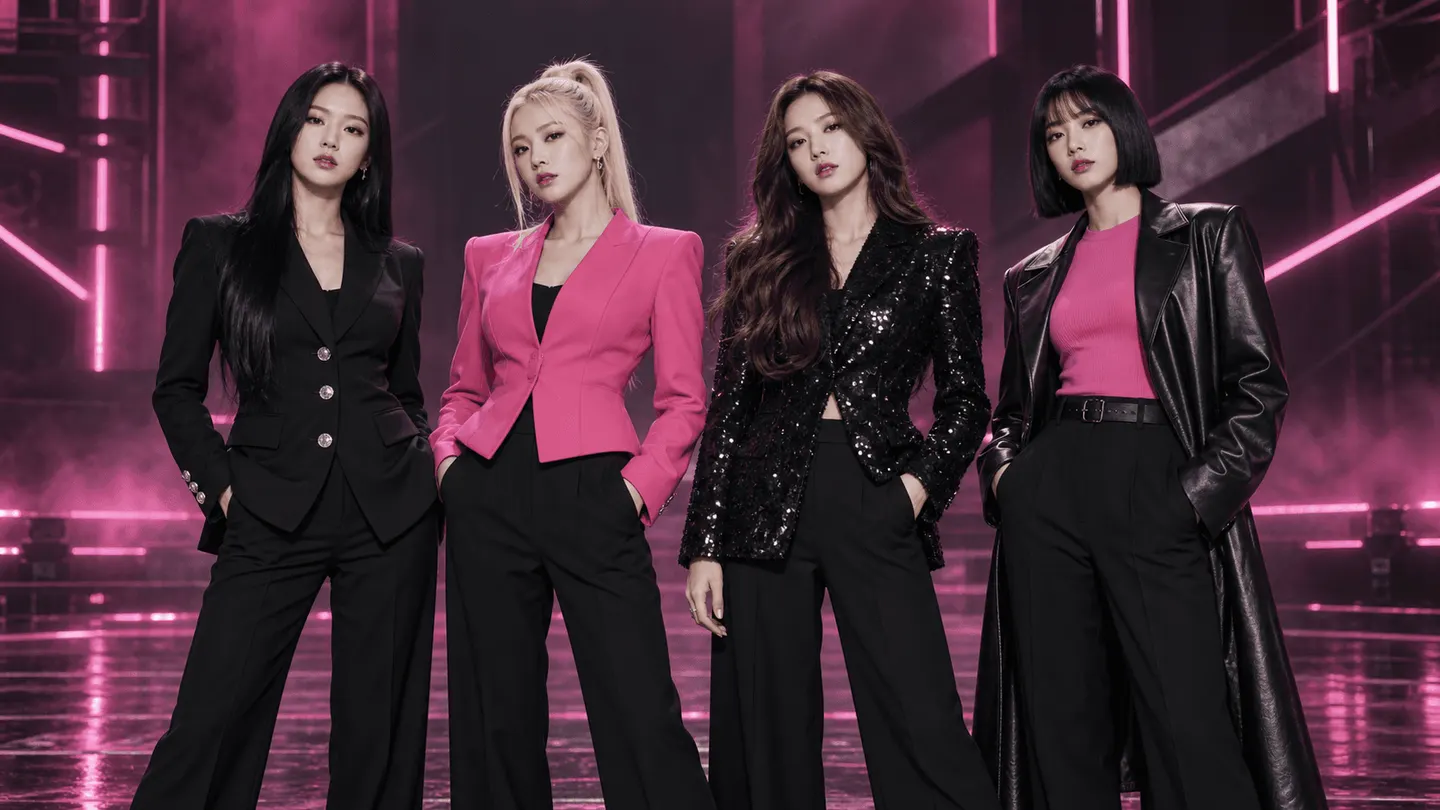 Illustrative four-member fictional adult K-pop girl group wearing coordinated black and pink stage outfits under magenta lights.
