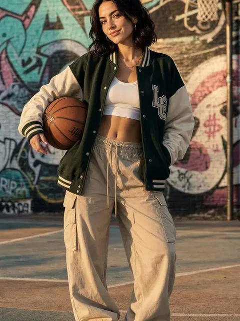 Portrait AI streetwear d'une femme en veste varsity tenant un ballon de basket devant un mur de graffitis