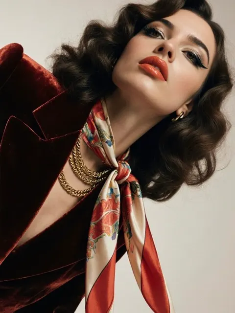 Retrato de estudio de estilo años 70 de una mujer con blazer de terciopelo teja, pañuelo de seda floral y cadenas doradas