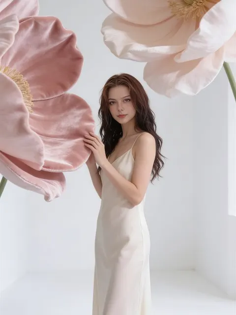 Portrait AI éditorial d'une femme en robe nuisette crème parmi des fleurs roses géantes
