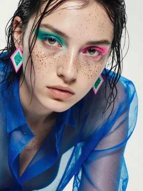 Retrato de belleza de una mujer pecosa con sombras turquesa y rosa, pelo mojado y camisa azul cobalto transparente