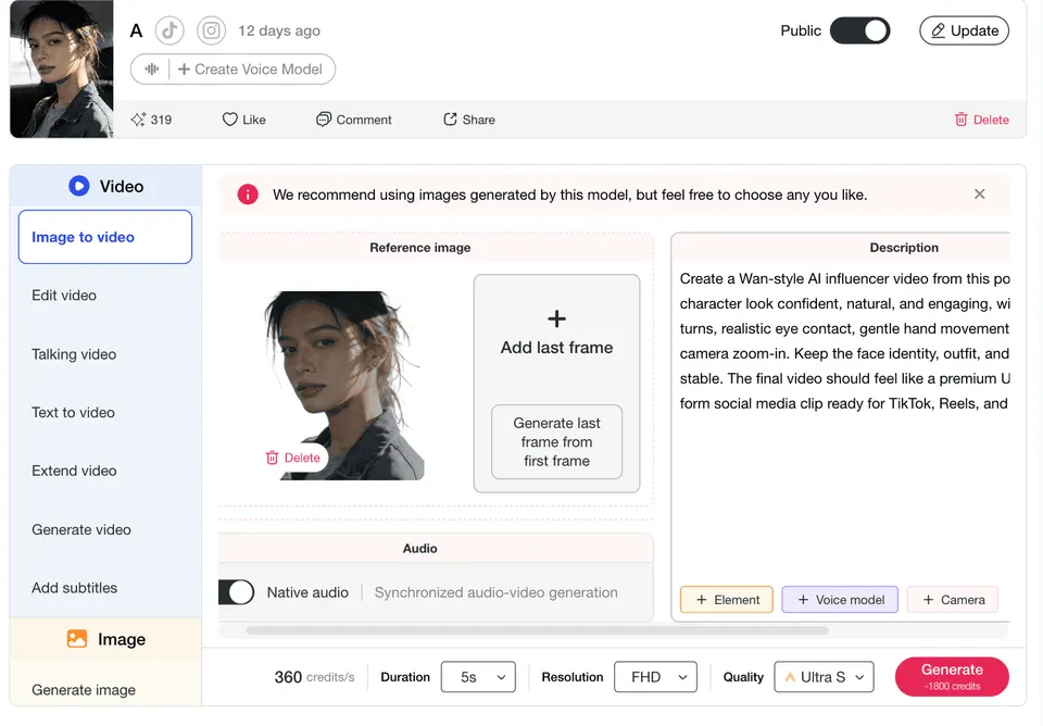 prompt APOB AI Image to Video pour créer une vidéo d'influenceur IA façon Wan