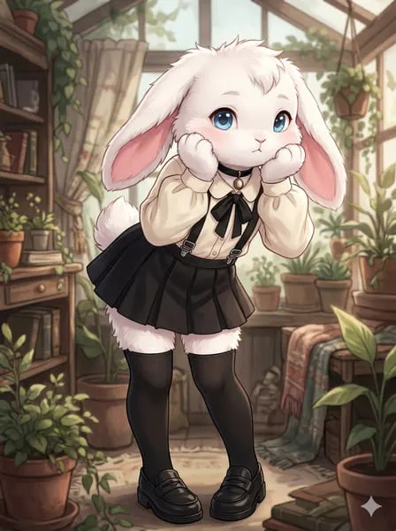 Unschuldiges weißes Häschen, ein flauschiges Femboy-Profilbild mit den Händen auf den Wangen.