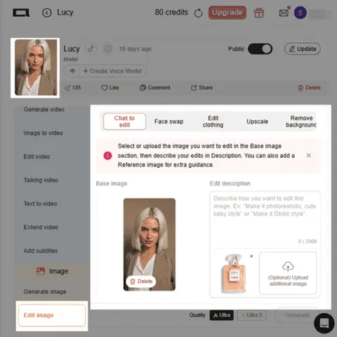 APOB AI Chat to Edit-Arbeitsbereich mit einem Porträt, das als Basisbild für die KI-Bildzusammenführung ausgewählt wurde