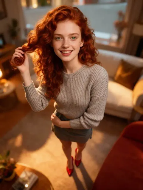 Lächelnde Frau mit langen Haaren, roten High Heels und Pullover, Seedream 4.0 kostenlos.