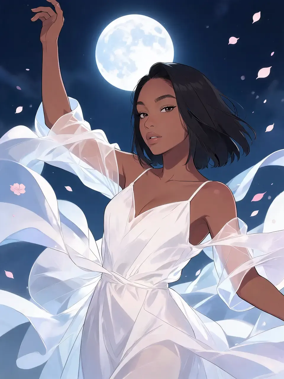 Magical girl in a white dress under moonlight