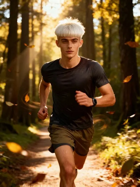 Ein Mann joggt auf einem Waldweg, optimiert mit InVideo-KI-Funktionen für natürliche Lichtverhältnisse.