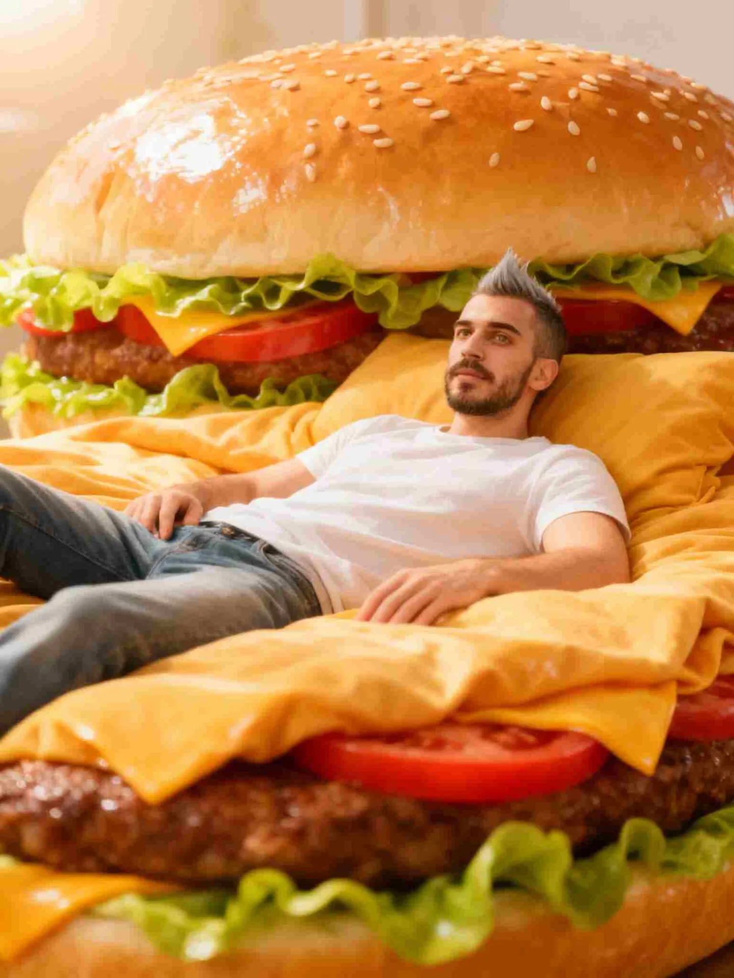 Mann auf Hamburger-Bett, erstellt mit Runway KI-Videogenerierung.
