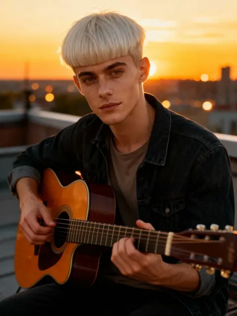 Mann spielt Gitarre auf dem Dach, nutzt InVideo AI-Funktionen für eine warme Sonnenuntergangsszene.