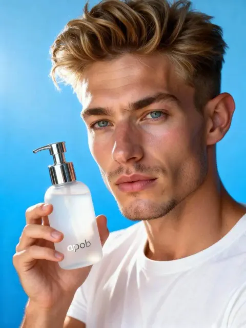 Mann wirbt für APOB-Gesichtsreiniger mit frischem Look, Seedream 4.0 kostenlos.