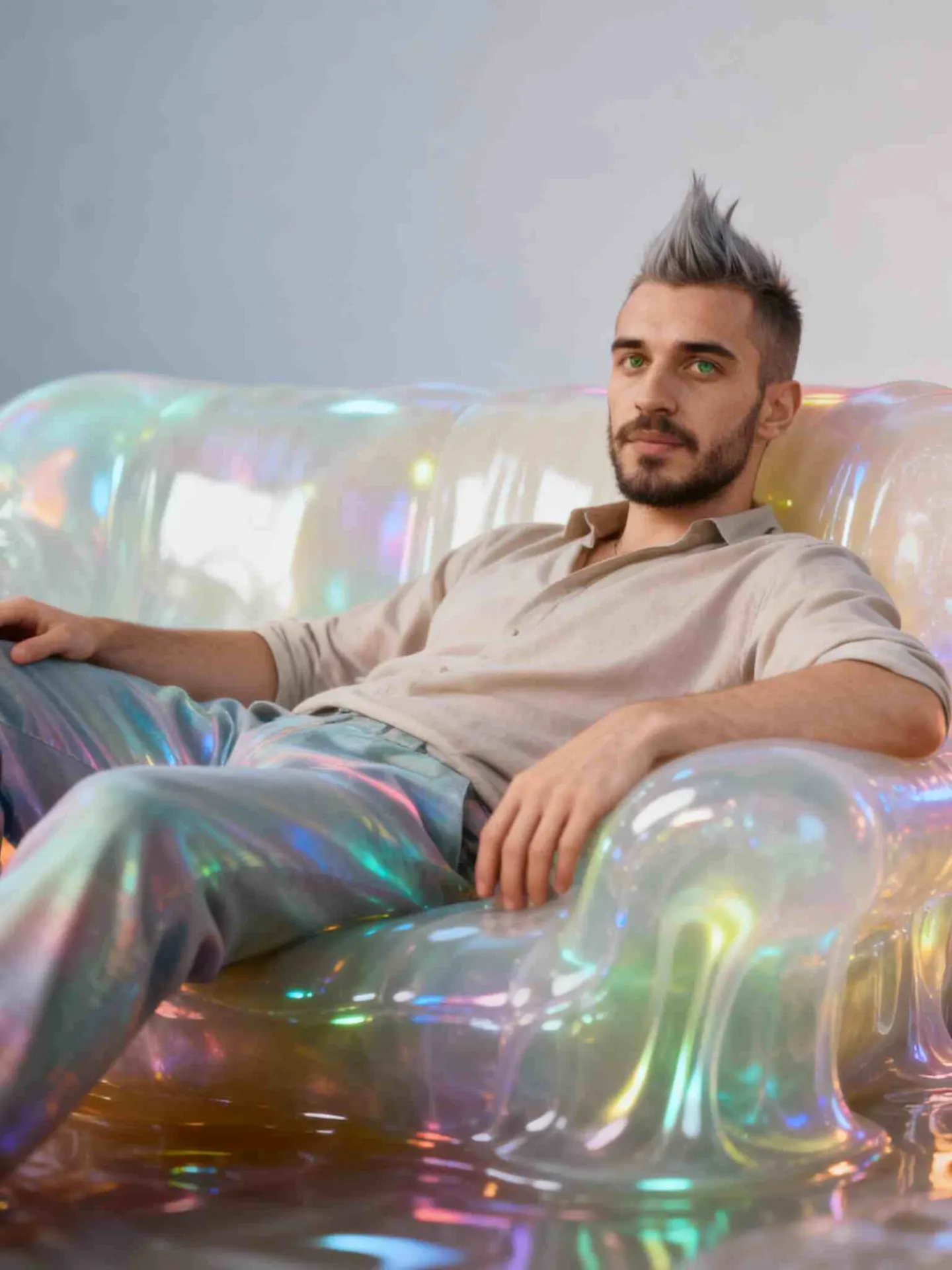 Mann auf einem Gelee-Sofa, entworfen von Runway KI-Videogenerierung.