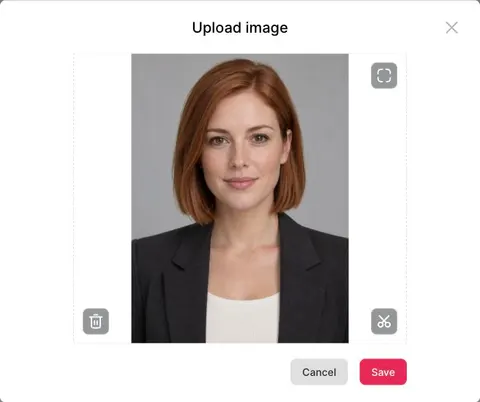 Mara's uploaded portrait in the APOB image dialog, with the active Save button.