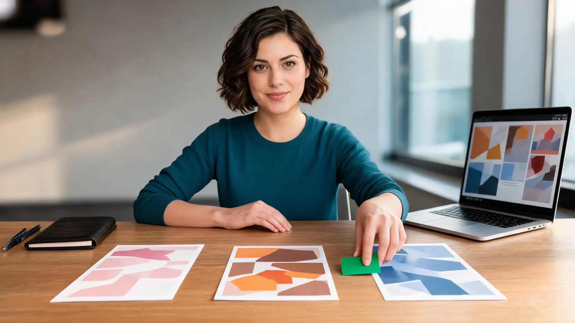 Marketing reviewer selecting among three ad concepts at a desk