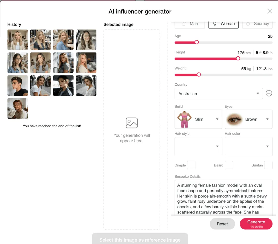 Interface du générateur de modèle féminine IA pour personnaliser une modèle adulte destinée aux photos Instagram et aux vidéos.