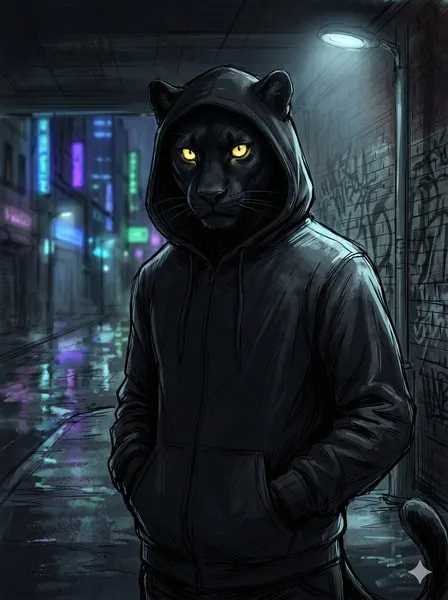 Geheimnisvolles schwarzes Panther-Furry-Profilbild in einem Hoodie.