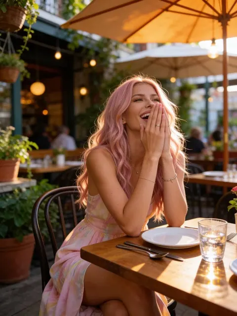 Pink-haired woman laughing at an outdoor cafe table