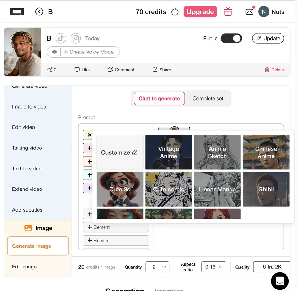 Menu des préréglages du générateur de texte en image d'APOB AI. L'espace de travail affiche des options de styles artistiques cliquables, notamment Vintage Anime, Chinese Anime et Ghibli. Ce panneau modulaire permet aux créateurs d'appliquer instantanément des styles visuels optimisés à leurs invites de texte pour une génération de contenu 9:16 de haute fidélité.