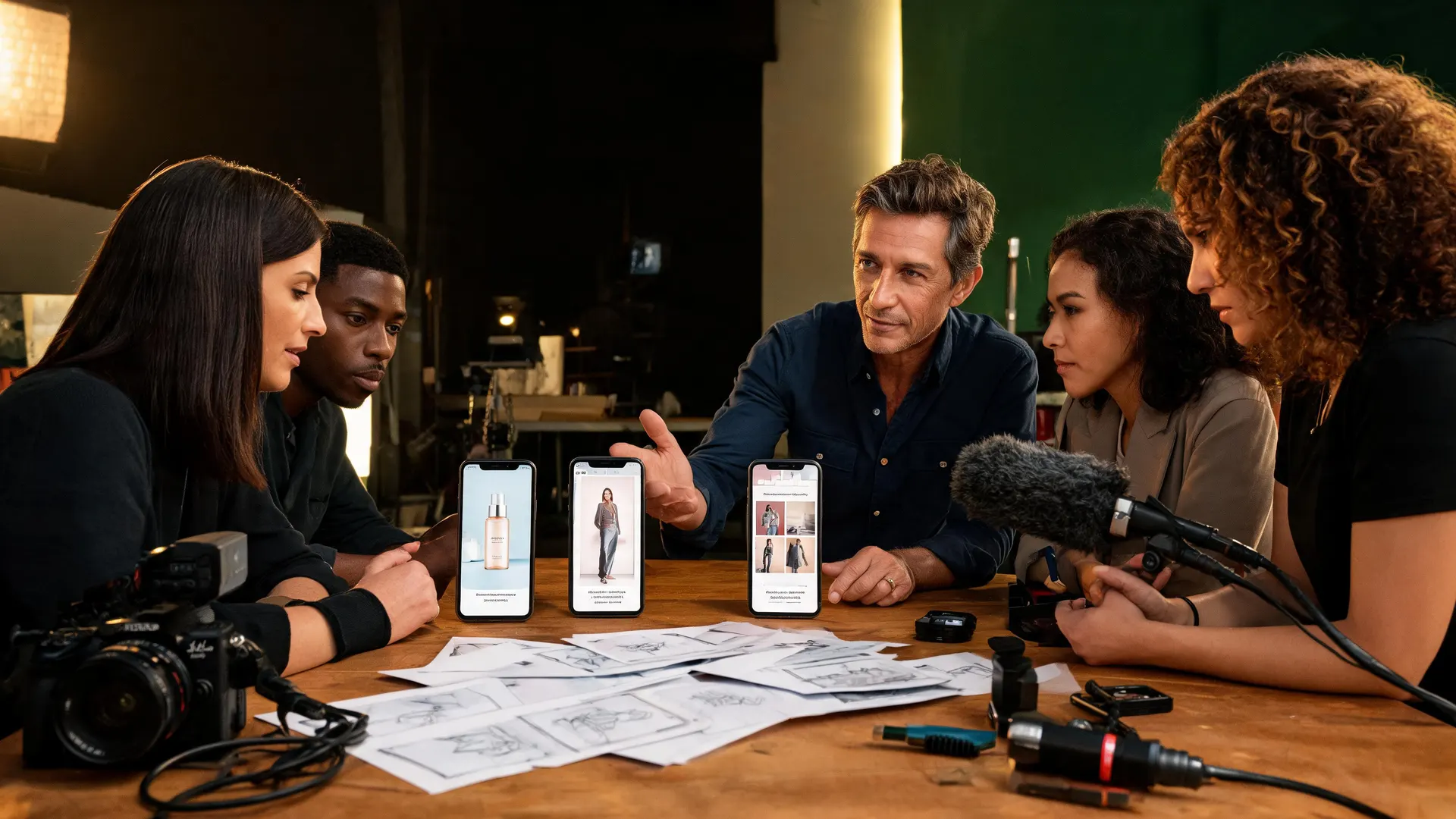 Production team reviewing reusable AI influencer ad variations