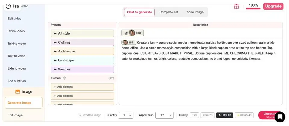 Prompt editor for writing an AI meme with caption space