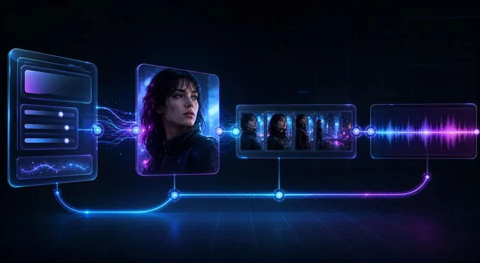 Illustration technologique d’une invite devenant une image IA, une séquence vidéo et une forme d’onde audio dans un flux de travail créateur connecté.