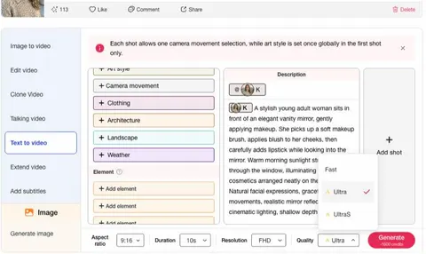 Menu de qualité APOB AI affichant les options Ultra et UltraS pour un flux de travail texte-vidéo alternatif Sora 2 Pro.