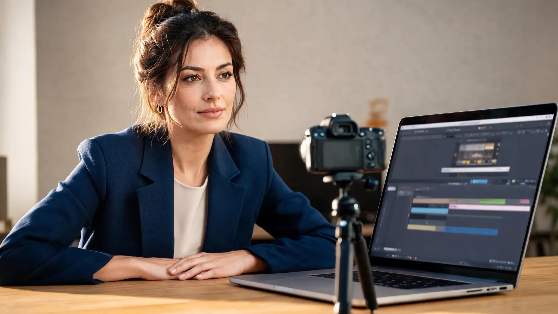 Recurring AI video host beside a camera and a laptop editing timeline