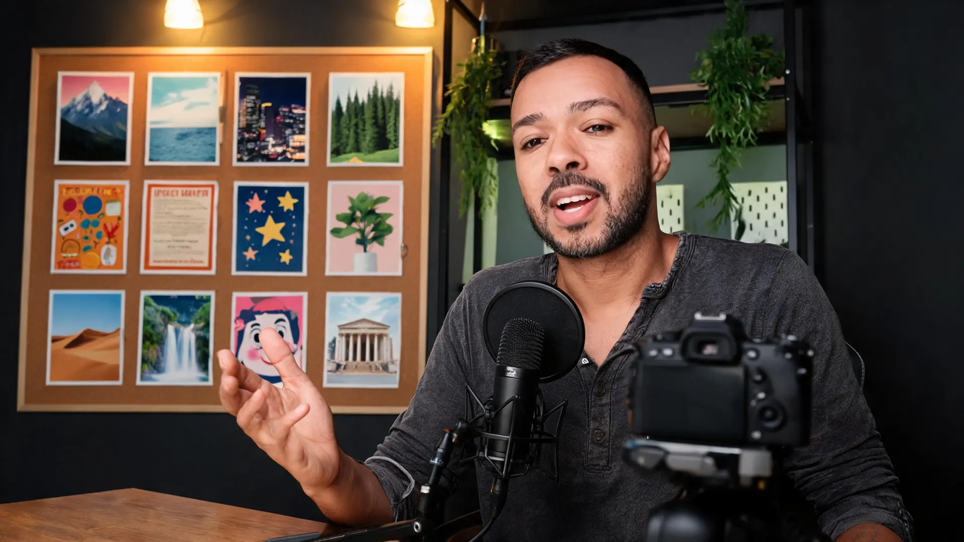 Criador recorrente gravando um episódio ao lado de um quadro de temporada de doze cartas, microfone e câmera.