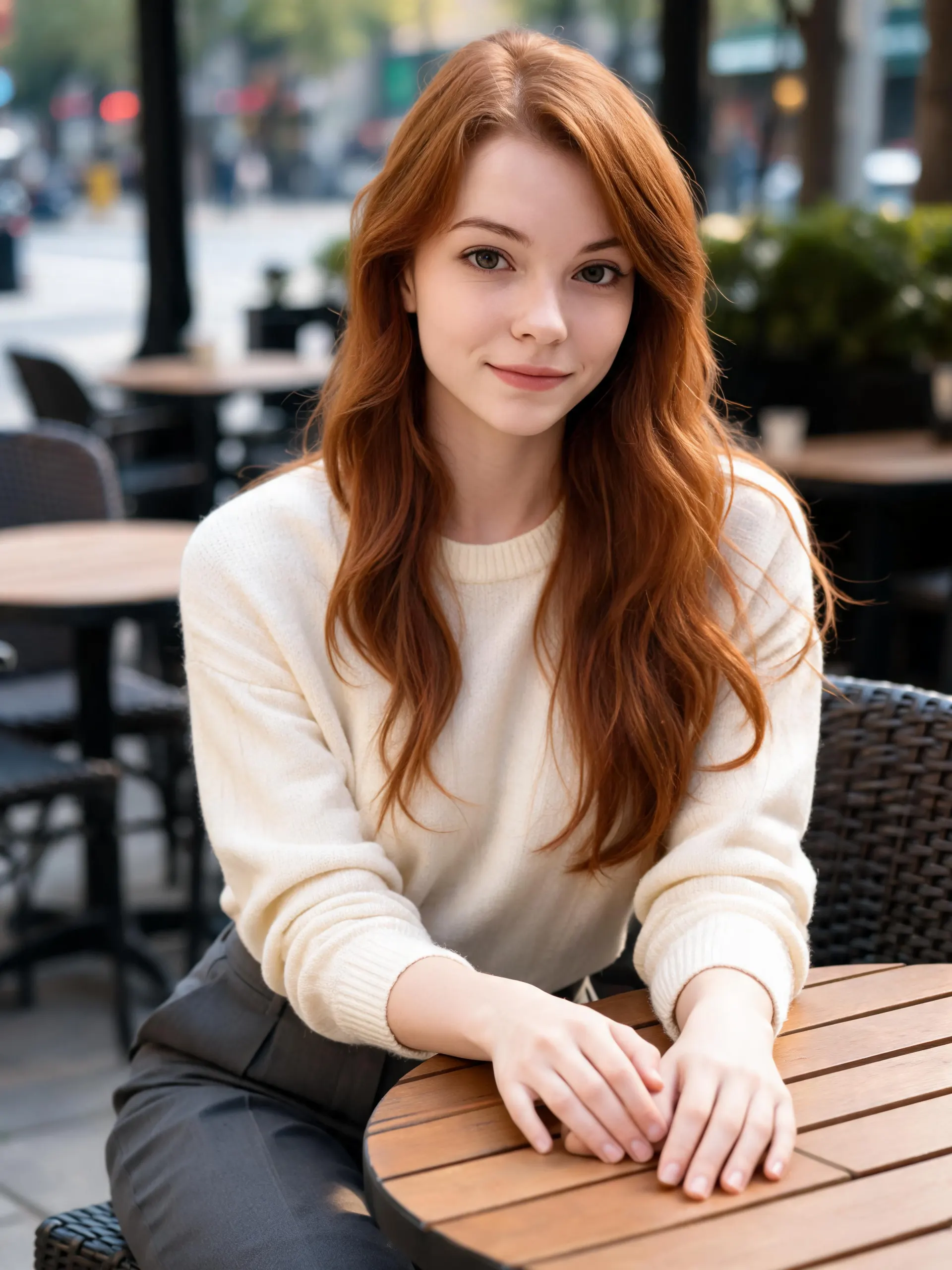 Modèle IA aux cheveux roux assis à une table de café en plein air