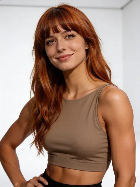 Red-haired woman in beige crop top on a white backdrop