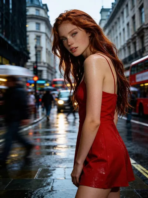 Red-haired woman in red dress walking through rainy city street